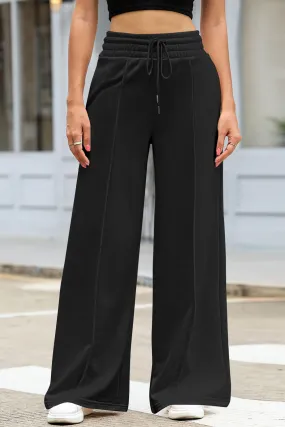 Black Terry Knit Drawstring Wide Palazzo Sweatpants