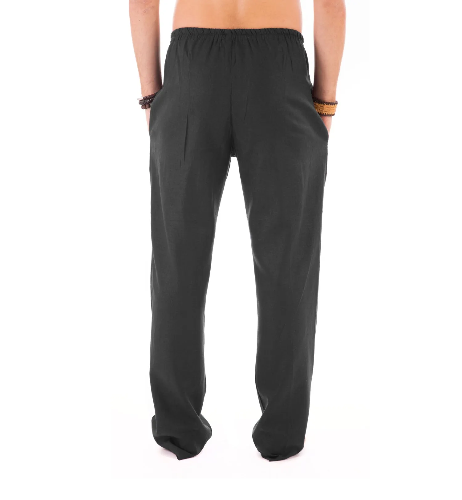 Mens Black Trousers Cotton Yoga Casual Elasticated Draw String Waist  Pockets