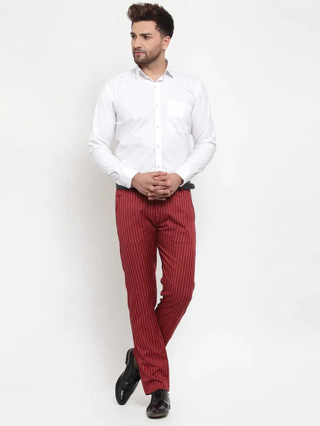 Men'S Red Cotton Striped Formal Trousers