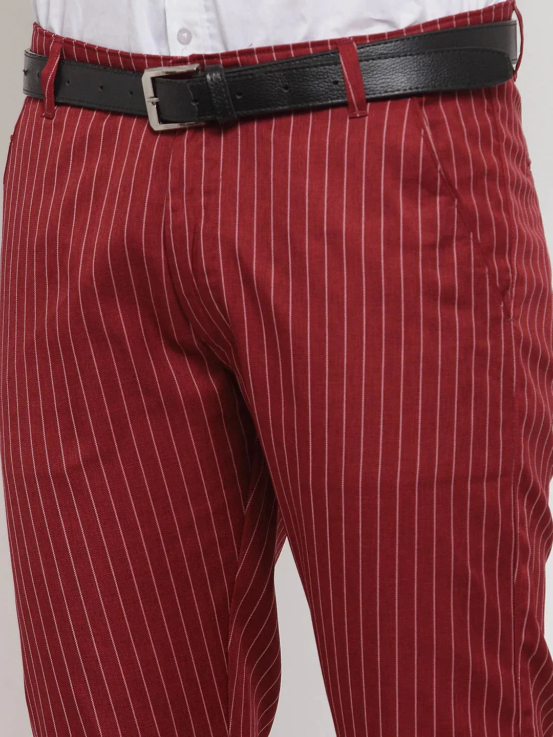 Men'S Red Cotton Striped Formal Trousers