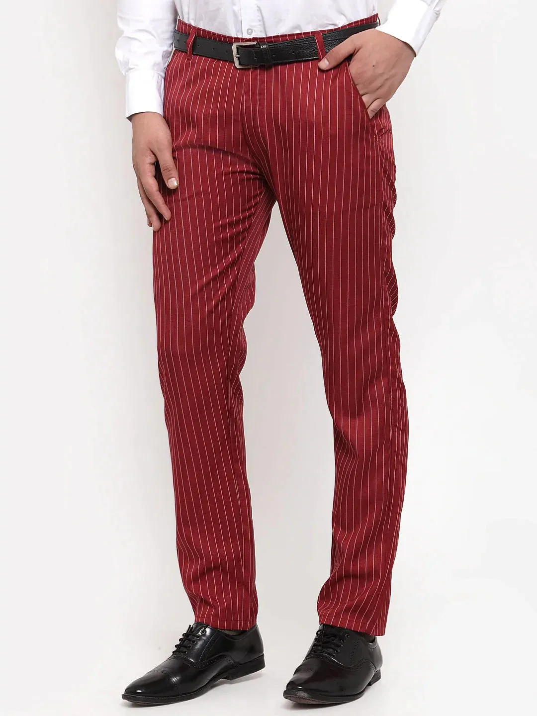 Men'S Red Cotton Striped Formal Trousers