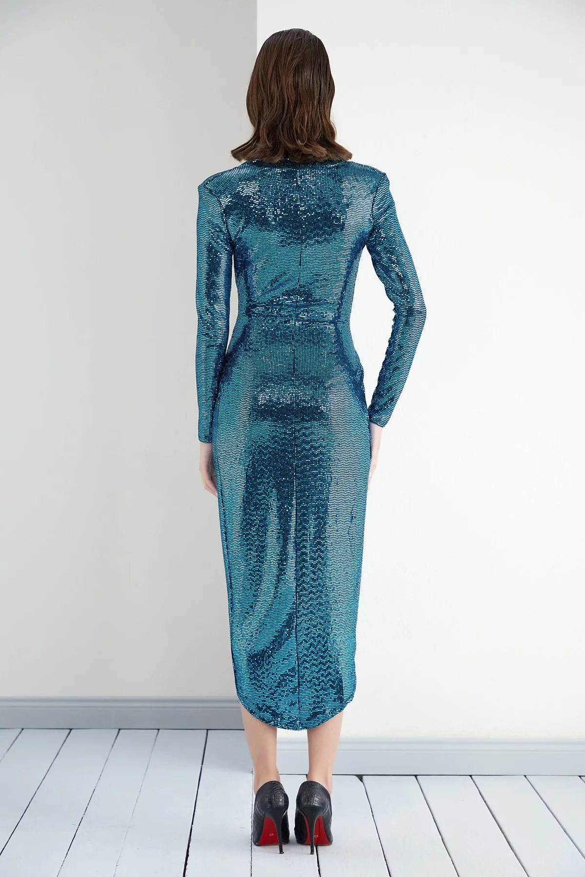 Sequin Wrap midi Dress with front slit in Blue