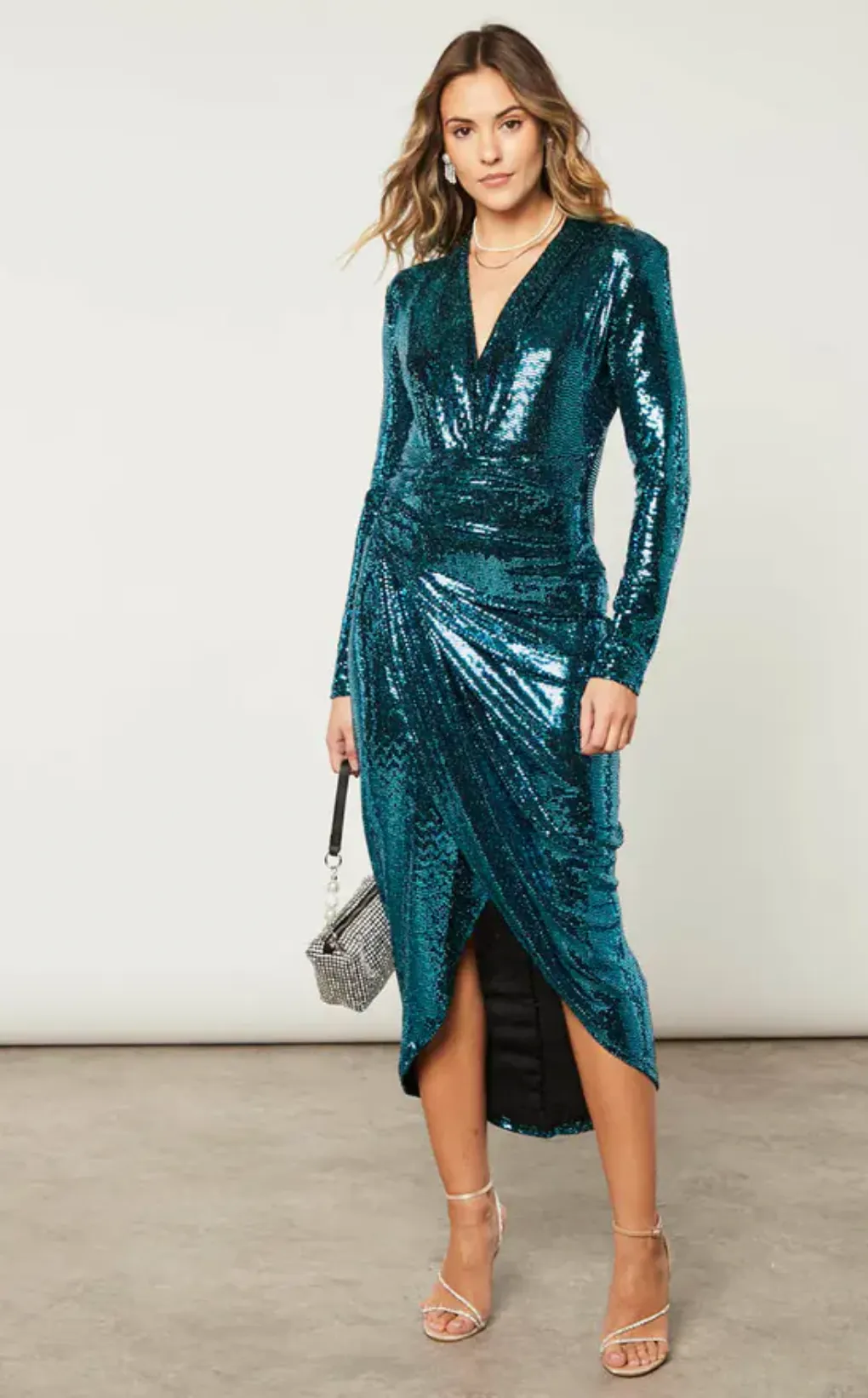 Sequin Wrap midi Dress with front slit in Blue