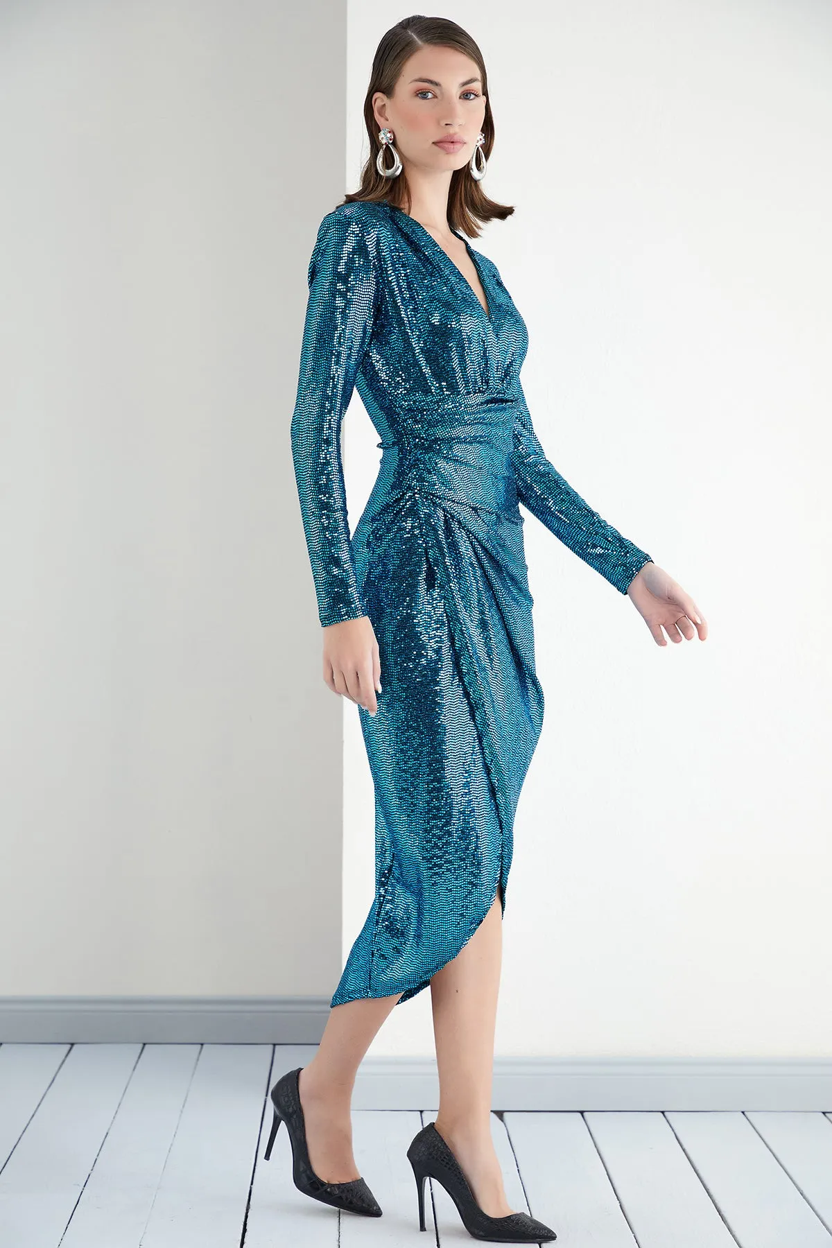 Sequin Wrap midi Dress with front slit in Blue