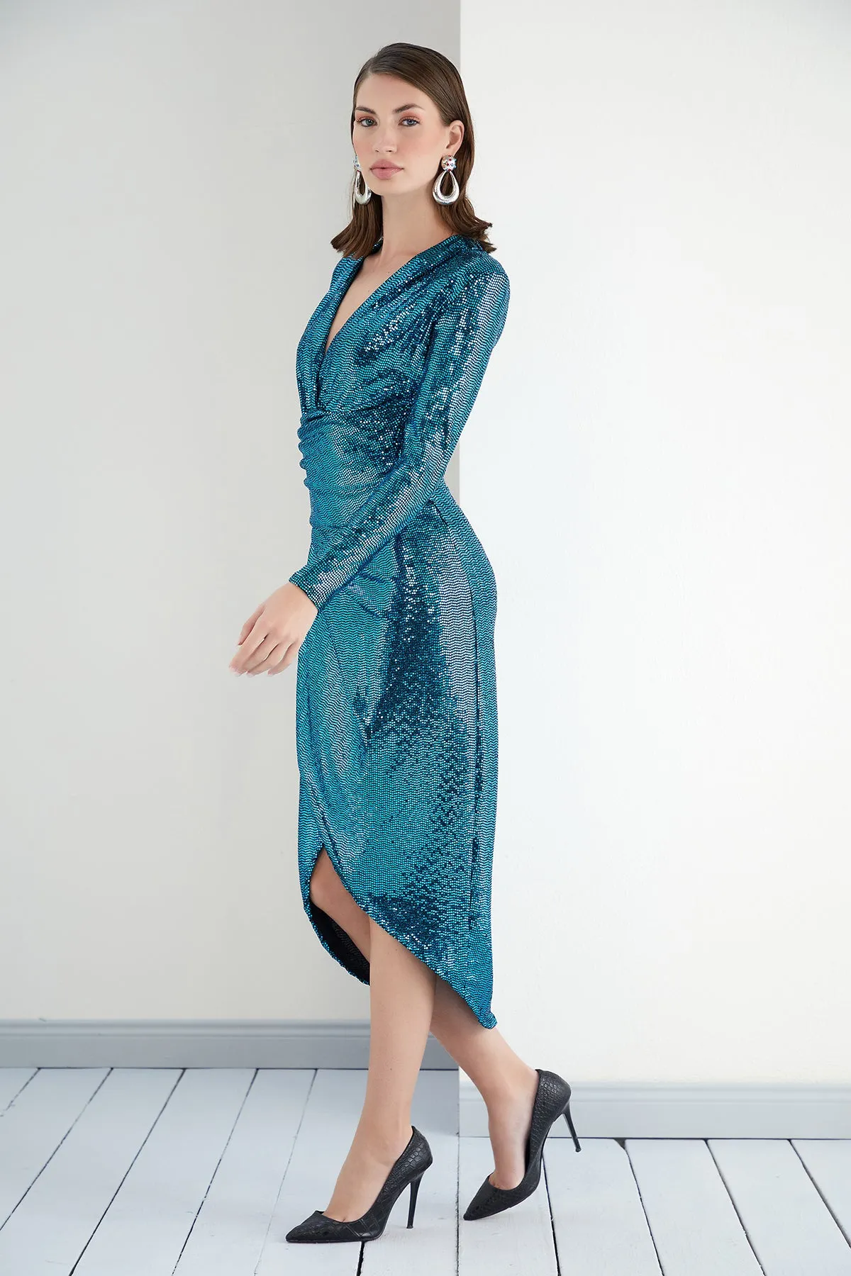 Sequin Wrap midi Dress with front slit in Blue